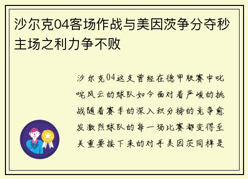 沙尔克04客场作战与美因茨争分夺秒主场之利力争不败