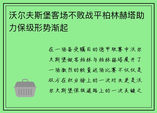 沃尔夫斯堡客场不败战平柏林赫塔助力保级形势渐起